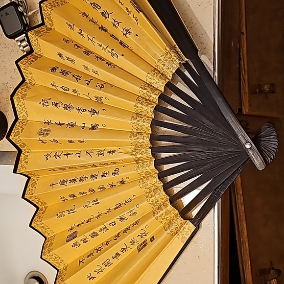 Vintage Large Ornamental Asian Decorative Folding Fan Hand Painted Fabric Wooden - Picture 1 of 4